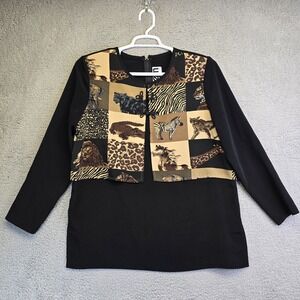 Vintage EJM Safari Animal Shirt Womens L Black Zebra‎ Lion Panther Giraffe Print